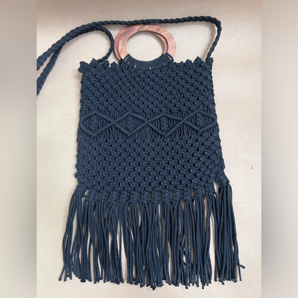 Danielle Nicole Black Macrame Fringe Crossbody Ba… - image 2